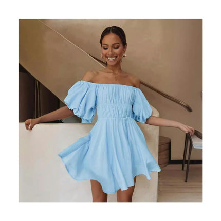 Womens Off Shoulder Short Lantern Sleeve Ruffle Elastic Waist A-Line Mini Dress