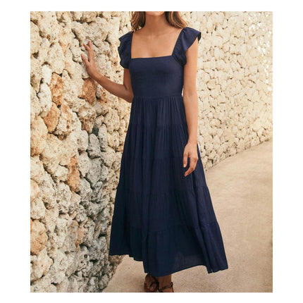 Women Summer Square Neck Cap Sleeve Flowy Ruffle Maxi Dress