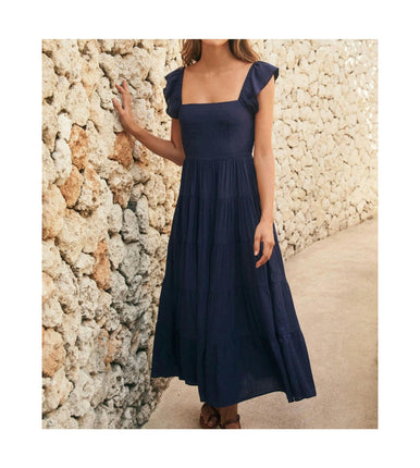 Women Summer Square Neck Cap Sleeve Flowy Ruffle Maxi Dress