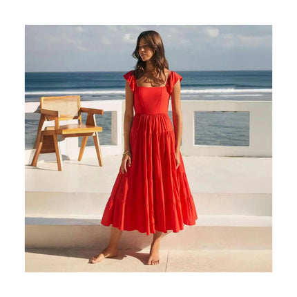 Women Summer Square Neck Cap Sleeve Flowy Ruffle Maxi Dress