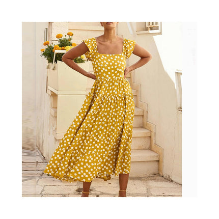 Women Summer Square Neck Cap Sleeve Flowy Ruffle Maxi Dress