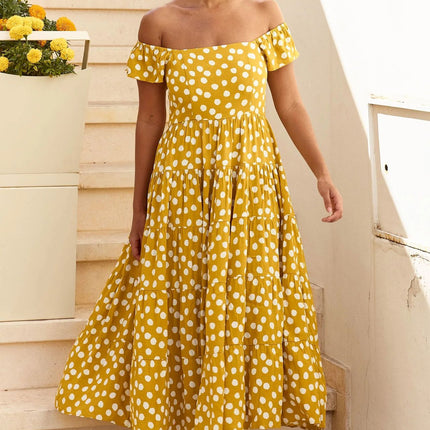 Women Summer Square Neck Cap Sleeve Flowy Ruffle Maxi Dress