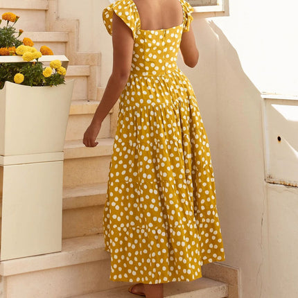 Women Summer Square Neck Cap Sleeve Flowy Ruffle Maxi Dress