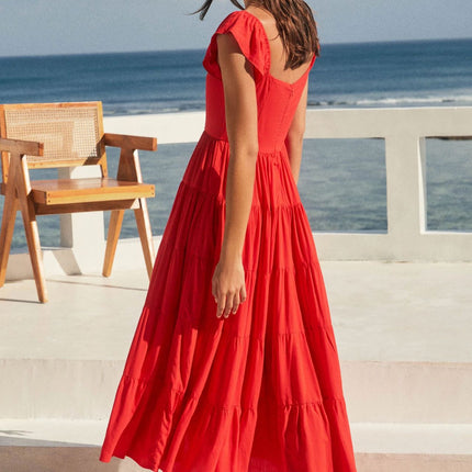 Women Summer Square Neck Cap Sleeve Flowy Ruffle Maxi Dress