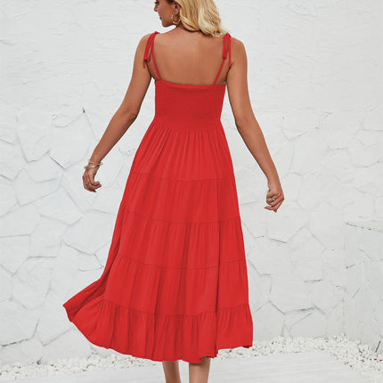 Women's Summer Spaghetti Strap Square Neck Tiered Ruffle A Line Beach Maxi Dress