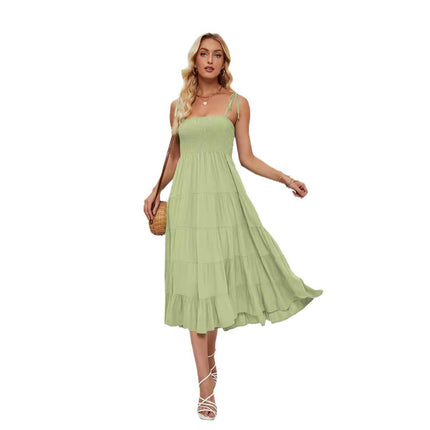 Women's Summer Spaghetti Strap Square Neck Tiered Ruffle A Line Beach Maxi Dress