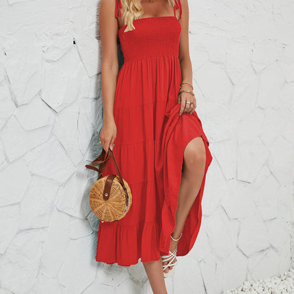 Women's Summer Spaghetti Strap Square Neck Tiered Ruffle A Line Beach Maxi Dress