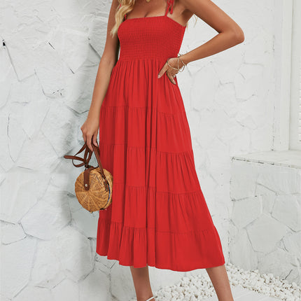 Women's Summer Spaghetti Strap Square Neck Tiered Ruffle A Line Beach Maxi Dress