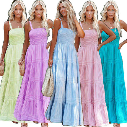 Women's Summer Sleeveless Square Neck A Line Spaghetti Strap Smocked Maxi Dress