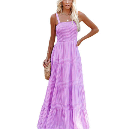 Women's Summer Sleeveless Square Neck A Line Spaghetti Strap Smocked Maxi Dress