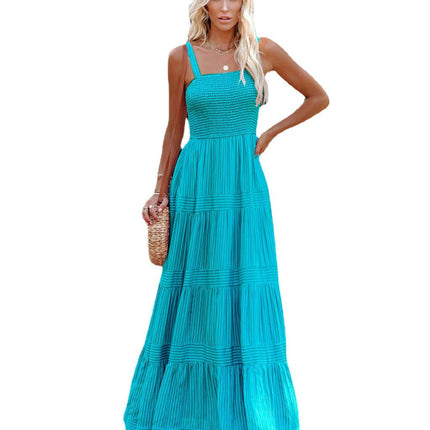 Women's Summer Sleeveless Square Neck A Line Spaghetti Strap Smocked Maxi Dress