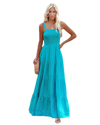 Women's Summer Sleeveless Square Neck A Line Spaghetti Strap Smocked Maxi Dress