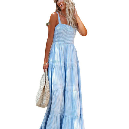 Women's Summer Sleeveless Square Neck A Line Spaghetti Strap Smocked Maxi Dress