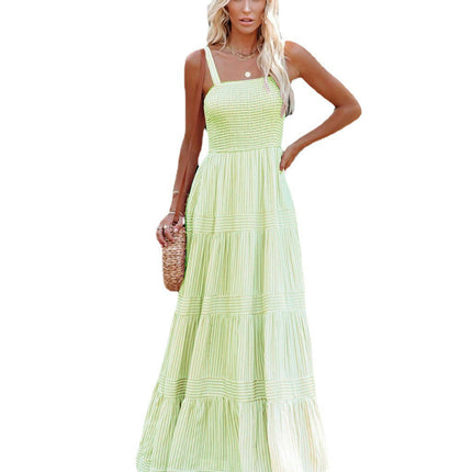 Women's Summer Sleeveless Square Neck A Line Spaghetti Strap Smocked Maxi Dress