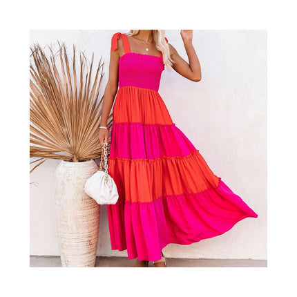 Women's Summer Spaghetti Strap Smocked Square Neck Tiered Ruffle Beach Maxi Dress