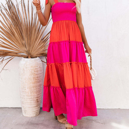 Women's Summer Spaghetti Strap Smocked Square Neck Tiered Ruffle Beach Maxi Dress