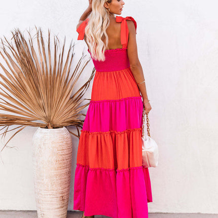 Women's Summer Spaghetti Strap Smocked Square Neck Tiered Ruffle Beach Maxi Dress