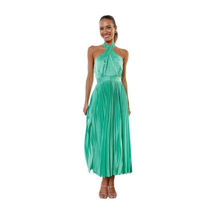 Womens Summer Halter Neck Sleeveless Flowy Pleated Beach Maxi Dress