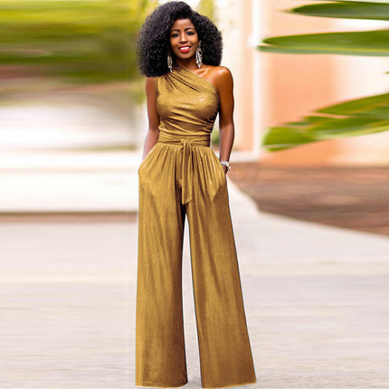 Women Summer Dressy Jumpsuits One Shoulder Sleeveless Wide Leg Pants Romper