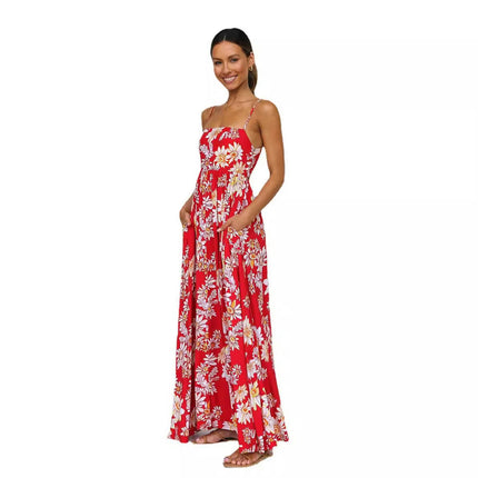 Womens Summer Sleeveless Floral Spaghetti Strap Smocked Beach Maxi Dress with Pockets