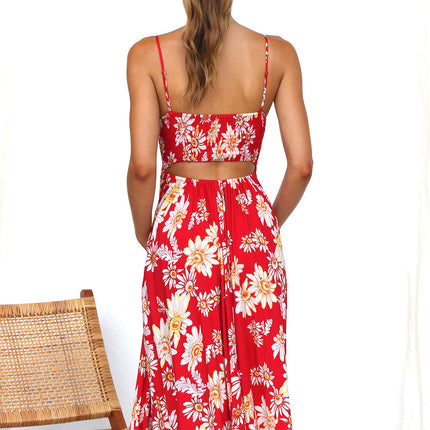 Womens Summer Sleeveless Floral Spaghetti Strap Smocked Beach Maxi Dress with Pockets