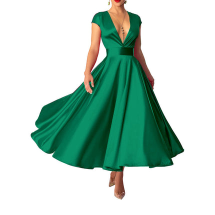 Women's Summer Maxi Dress Short Sleeves Wrap Deep V Neck Long Dresses