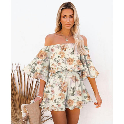 Women Boho Off Shoulder Summer Romper One Piece Strapless Shorts Jumpsuit