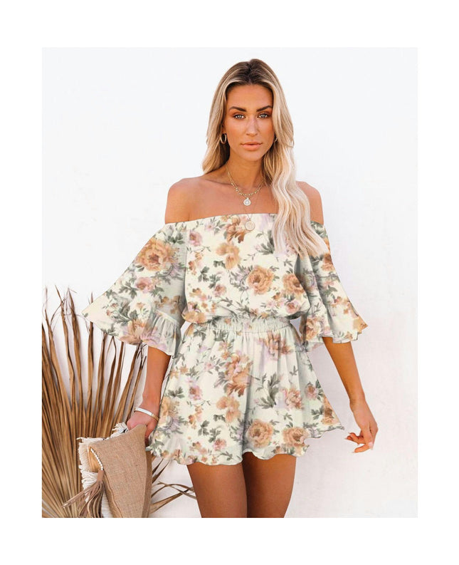 Women Boho Off Shoulder Summer Romper One Piece Strapless Shorts Jumpsuit