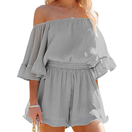 Women Boho Off Shoulder Summer Romper One Piece Strapless Shorts Jumpsuit