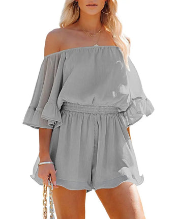 Women Boho Off Shoulder Summer Romper One Piece Strapless Shorts Jumpsuit