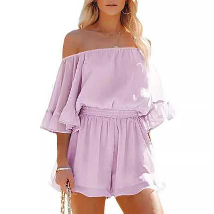 Women Boho Off Shoulder Summer Romper One Piece Strapless Shorts Jumpsuit