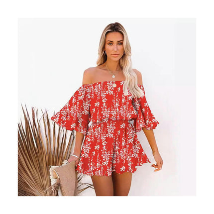 Women Boho Off Shoulder Summer Romper One Piece Strapless Shorts Jumpsuit