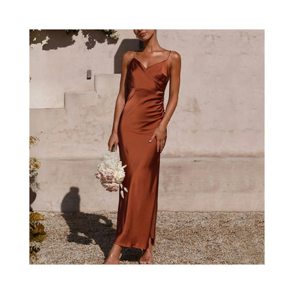 Women's V Neck Ruched Wrap Slit Hem Sleeveless Spaghetti Strap Maxi Bodycon Dress