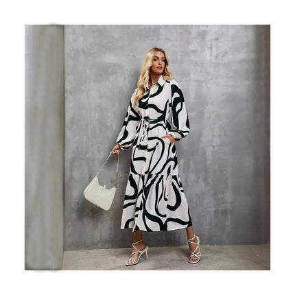 Women Print Shirt Maxi Dress Long Sleeve Button Down Casual Dress with Pockets