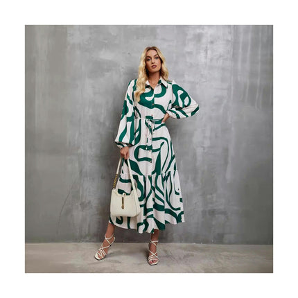 Women Print Shirt Maxi Dress Long Sleeve Button Down Casual Dress with Pockets