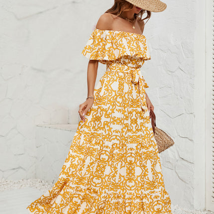 Women's Boho Print Off Shoulder Maxi A Line Tie Waist Summer Long Beach Dress