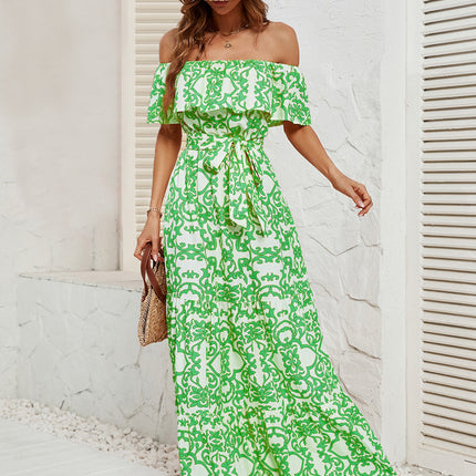 Women's Boho Print Off Shoulder Maxi A Line Tie Waist Summer Long Beach Dress