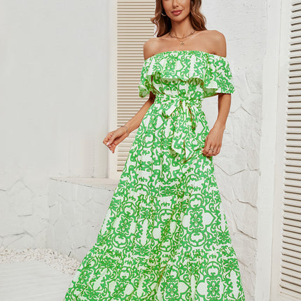 Women's Boho Print Off Shoulder Maxi A Line Tie Waist Summer Long Beach Dress