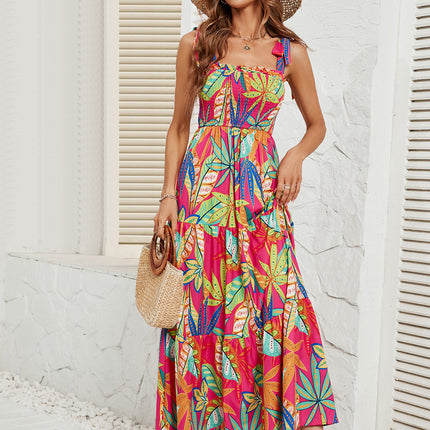 Women Boho Spaghetti Strap Smocked Tiered Ruffle Sleeveless Long Beach Maxi Dress