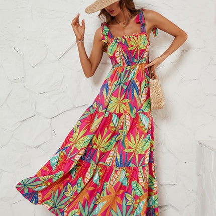 Women Boho Spaghetti Strap Smocked Tiered Ruffle Sleeveless Long Beach Maxi Dress