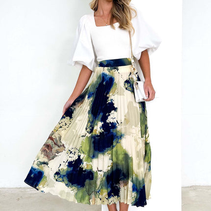 Womens High Waisted A Line Printed Pleated Shirring Midi-Long Skirt