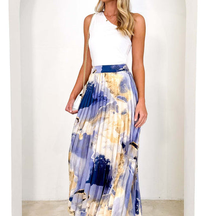 Womens High Waisted A Line Printed Pleated Shirring Midi-Long Skirt