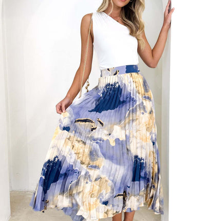 Womens High Waisted A Line Printed Pleated Shirring Midi-Long Skirt