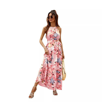 Womens Summer Halter Neck Tie Waist Sleeveless Flowy Beach Maxi Dress