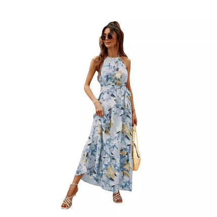 Womens Summer Halter Neck Tie Waist Sleeveless Flowy Beach Maxi Dress