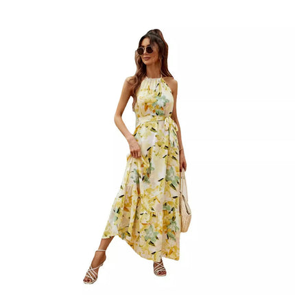 Womens Summer Halter Neck Tie Waist Sleeveless Flowy Beach Maxi Dress