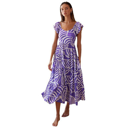 Women's Summer Short Sleeves Boho Floral Print Tiered Flowy Ruffle Maxi Dress