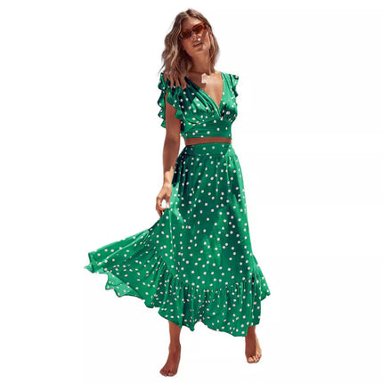 Womens Summer Sexy 2 Pieces Outfits Ruffle Floral Tank Top Wrap Boho Long Skirt Set