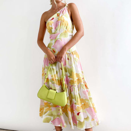 Women's Summer Floral Print One Shoulder Sleeveless Smocked Ruffle Tiered Beach Long Midi Dress