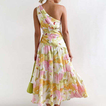 Women's Summer Floral Print One Shoulder Sleeveless Smocked Ruffle Tiered Beach Long Midi Dress